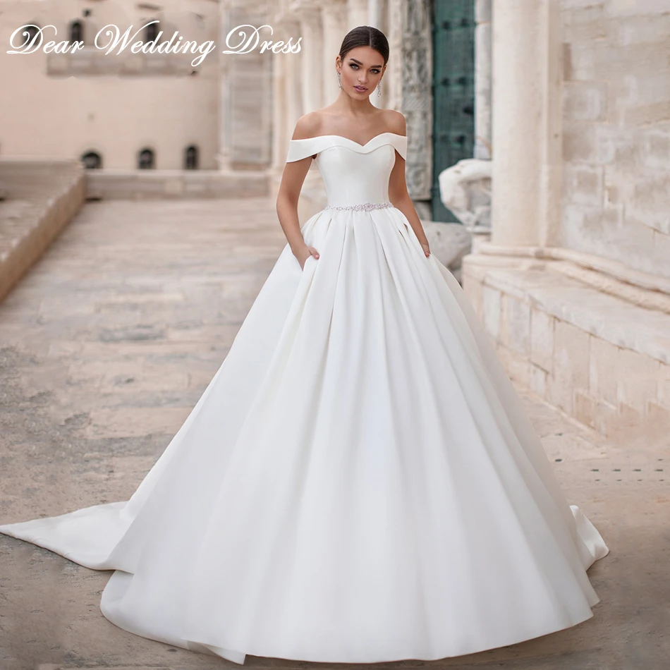 

Sexy Sweetheart Satin Wedding Dress 2019 Cap Sleeve Lace Up French Bride Dress Simple Princess Wedding Gowns Cheap Plus Size
