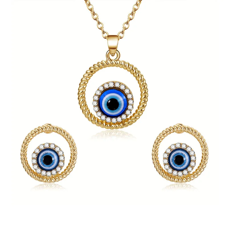 2019 New Design Women Jewelry Sets Rhinestone Blue Eye Patten Pendant Necklace Earrings Elegant Party Gift | Украшения и