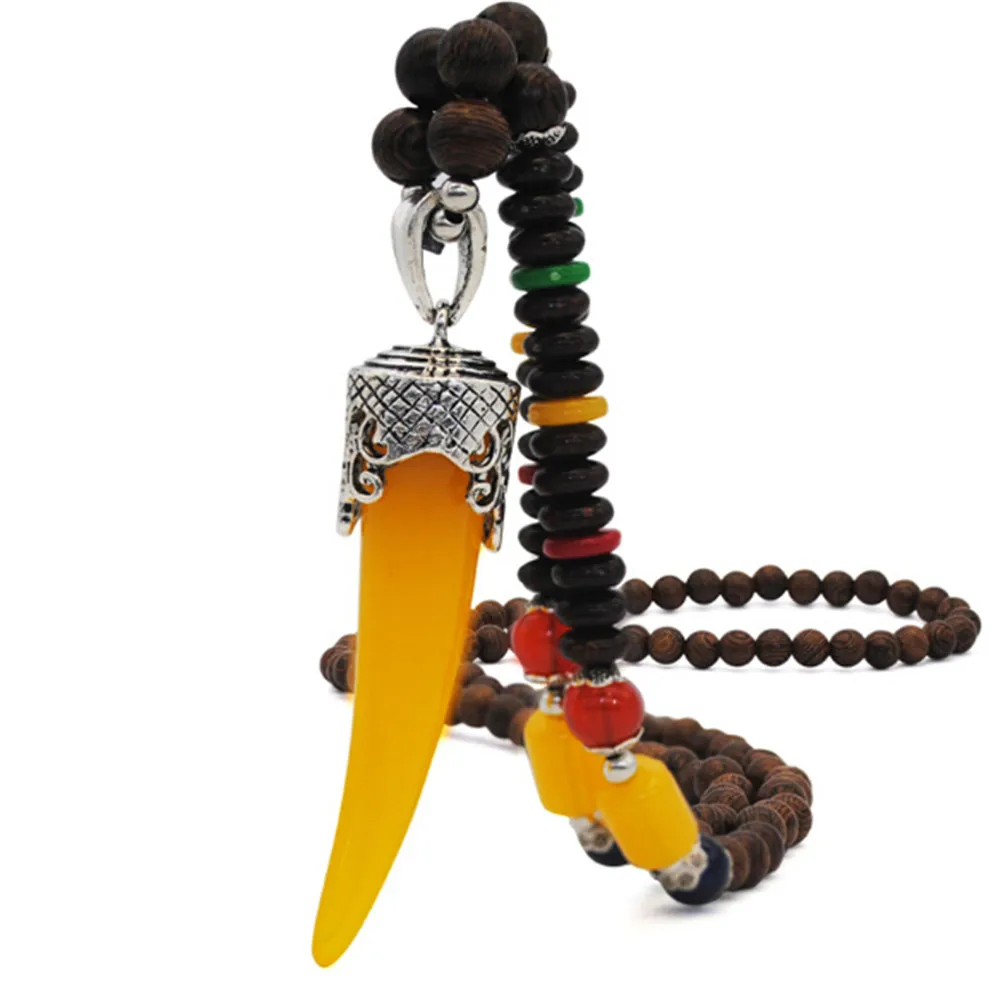 #*Cheap Nepal Retro Men and Women Long style Honey Wax Wood Beads Sweater Chain Resin Ox Horn Pendant Necklace Ethnic Jewelry Dropship