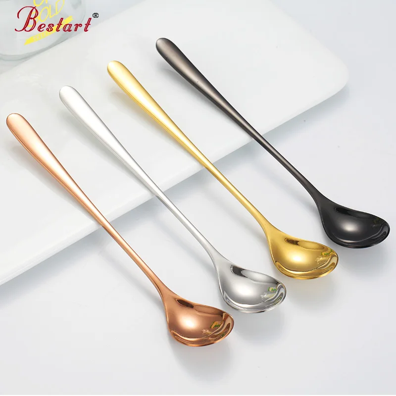 7PCS Colorful Gold Ice Spoon Set Long Handle 304 Stainless Steel Black plated tableware for