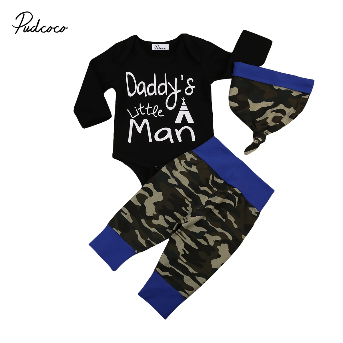 PUDCOCO Newest 3Pcs Newborn Kids Baby Boys Camo Tops Romper +Pants+ Hat
