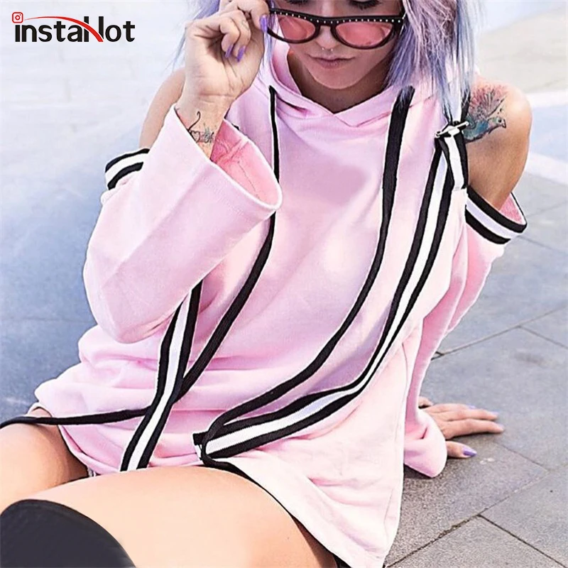 

InstaHot Pink Cold Shoulder Hooded Hoodies Women Long Striped Black Swearshirts Long Sleeve Hoodies Loose Casual Hip Hop Tops