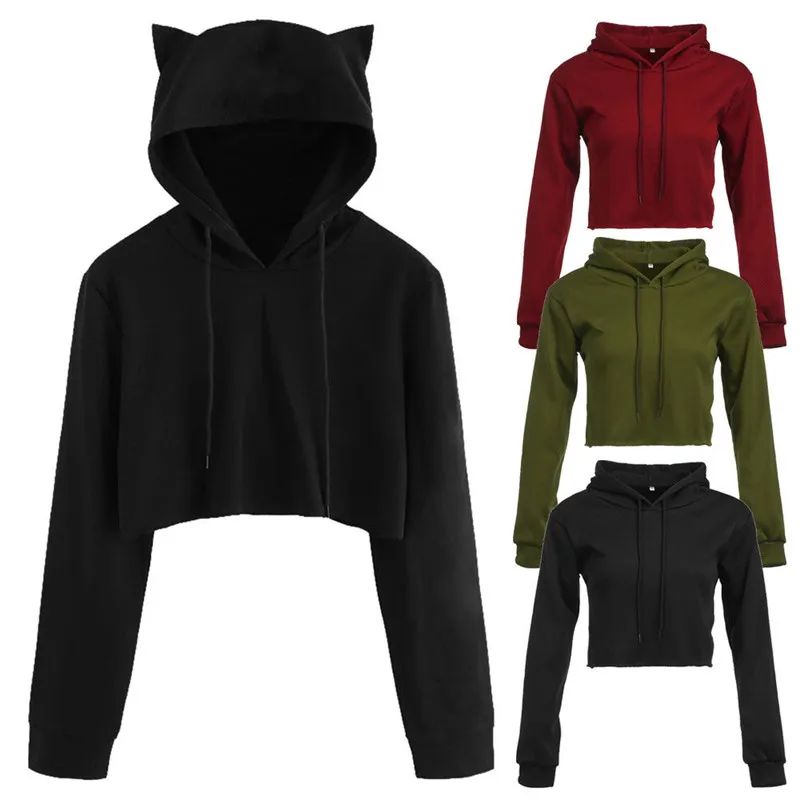 

Hot fashion Women Cat Ear Hoodie sweatshirts Solid 2018 autumn long sleeve clothes Hoodded pullover short top Female sweatshirts