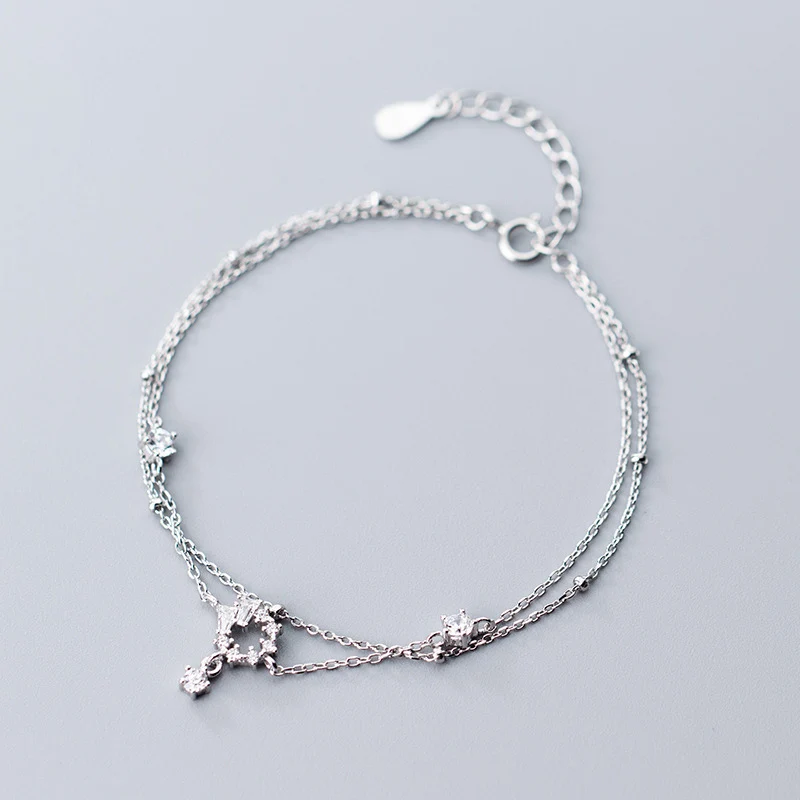 

La MaxZa Crystal Bar Setting Double Layer Round Charm Hand Chain Bracelets For Women 925 Sterling Silver Bracelet Minimalist
