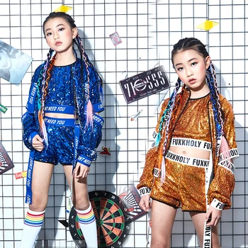 

Children Jazz Dance Costumes Summer Sequins Street Dance For Girls Boys Jacket Top Short Kids Modern Hip Hop Performance Suits