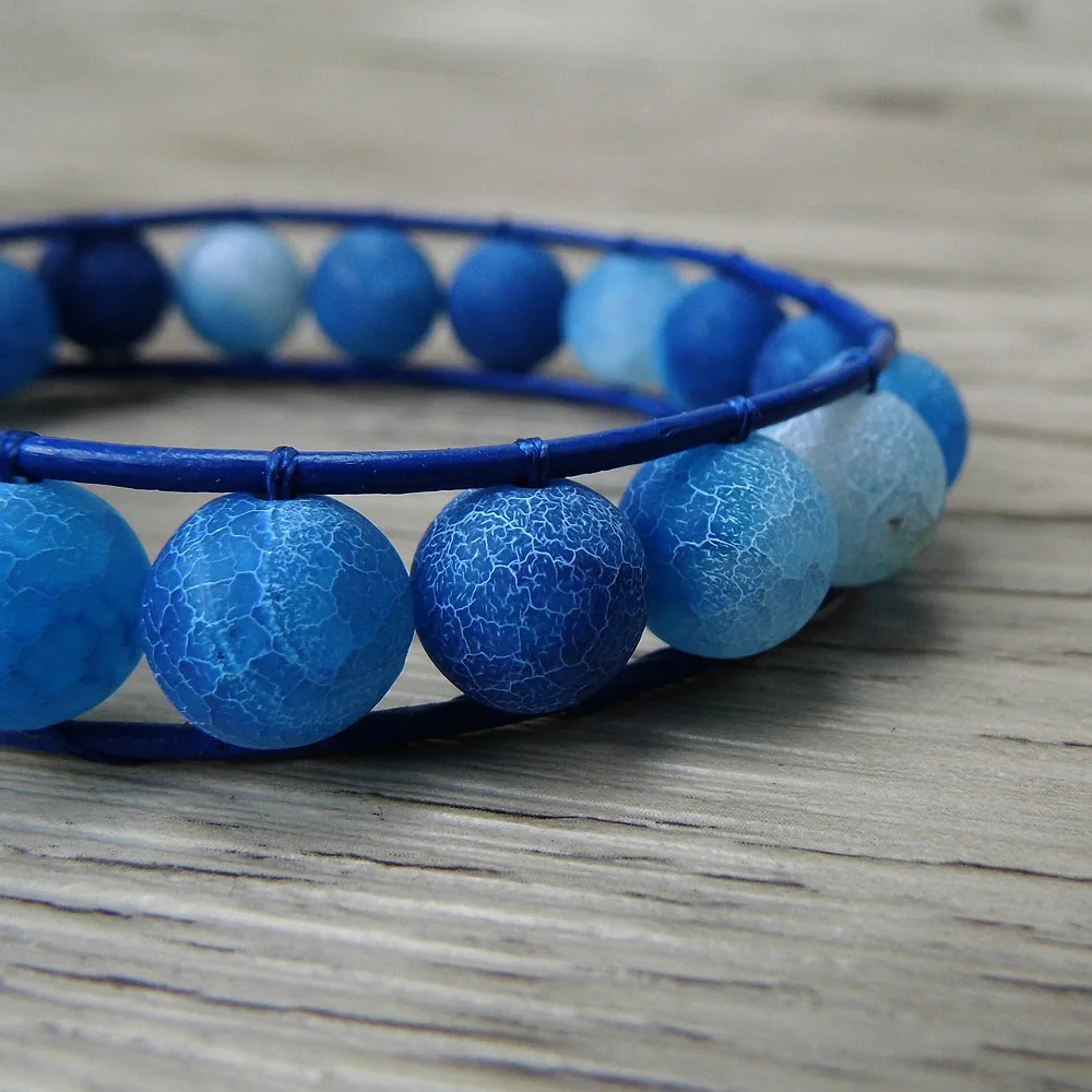 Синие матовые бусины браслет Бохо обертывание кожаный браслет бисерные ювелирные изделия богемные Йога обертывания
