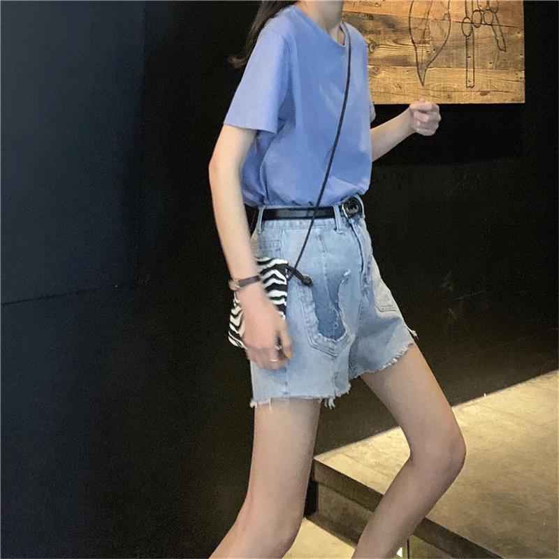 Broken denim Shorts Women Summer New Korean wild Loose Casual Shorts old pocket Denim Shorts Female P018