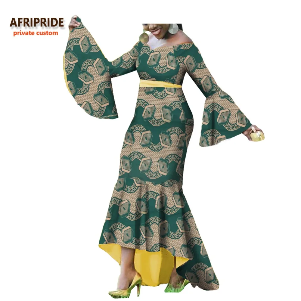 

2019 autumn african trumpet dress for women AFRIPRIDE full flare sleeve off-shoulder floor length mermaid cotton dress A722591