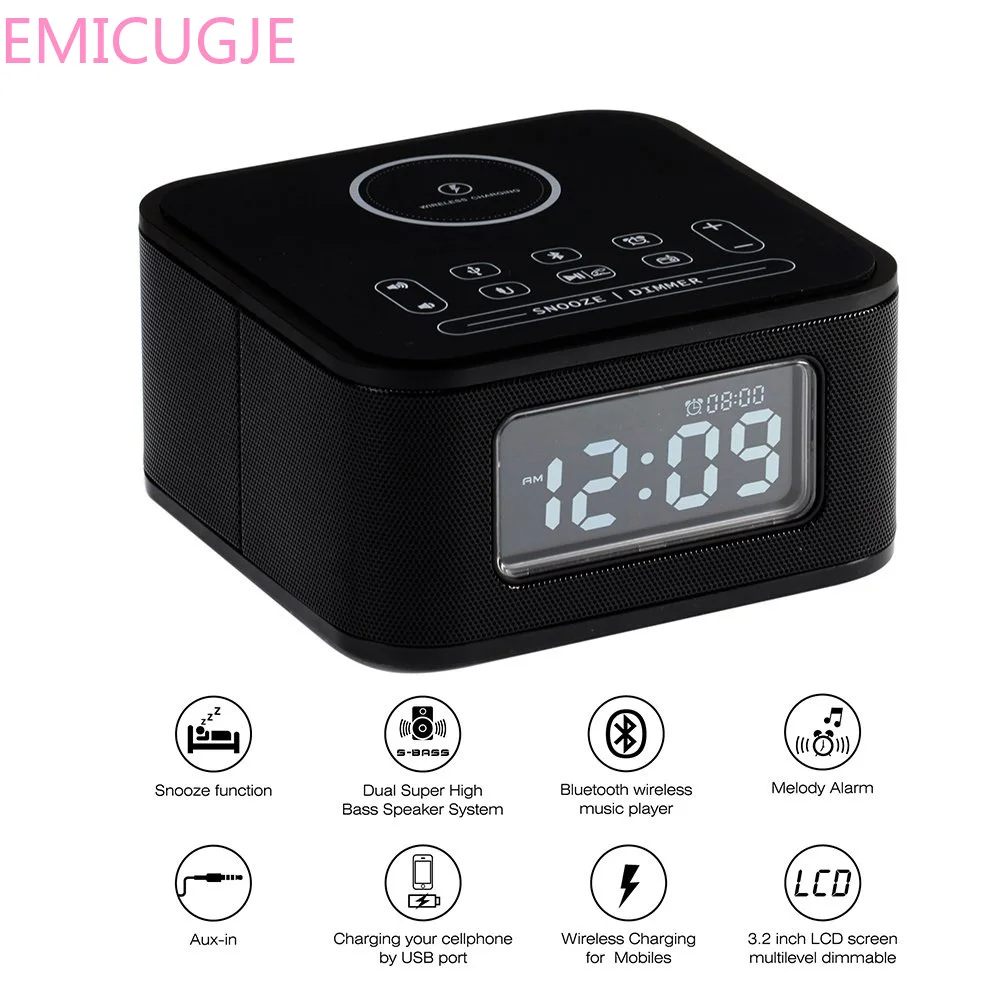 

Wireless Charging Alarm Clock Radio bluetooth Speaker for Bedrooms Wireless Charger for iPhone X Snooze 4 Dimmer Hands-Free