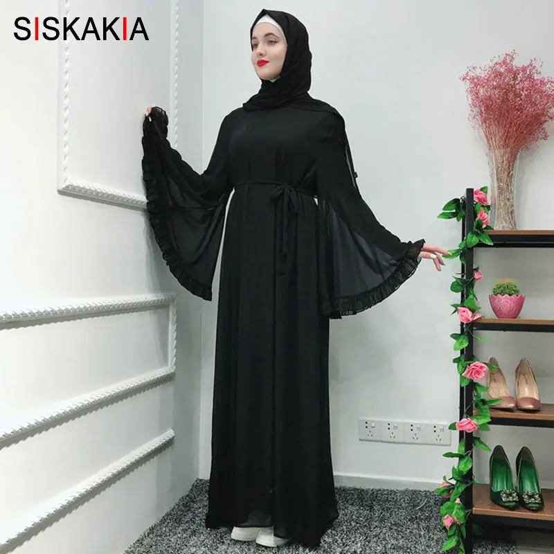 Женское платье кушак Siskakia длинное однотонное с широким рукавом шифоновое поясом