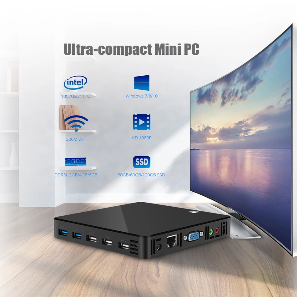 Мини ПК компьютер Intel Celeron 1007U Линукс Windows 300 Мбит/с Wi Fi 1000 Мбит порт LAN HDMI VGA 5 * USB ТВ