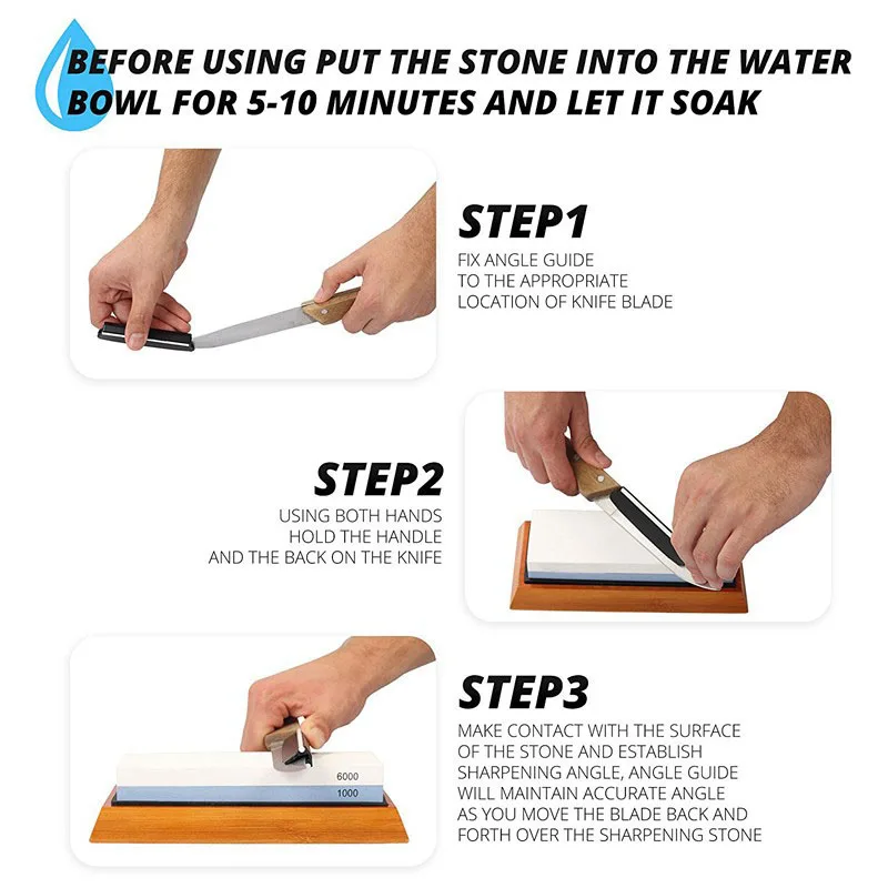 Knife Sharpener Stone Double Side grit whetstone for Kitchen sharpening tool bamboo base Sharpener Angle Guide1000/6000
