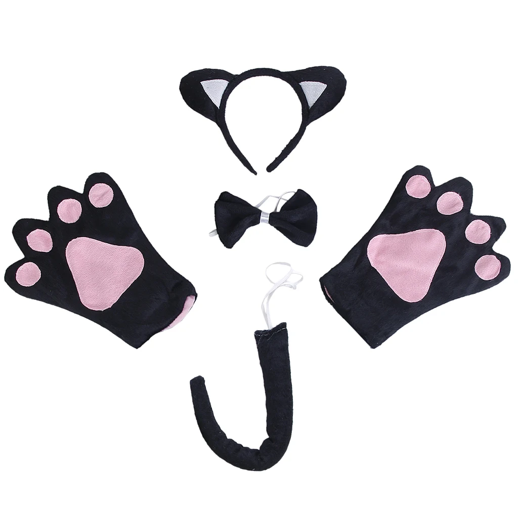 New Black Cat Cosplay Christmas Halloween Costume Outfit Headband Gloves Tie Tail 4pcs Set