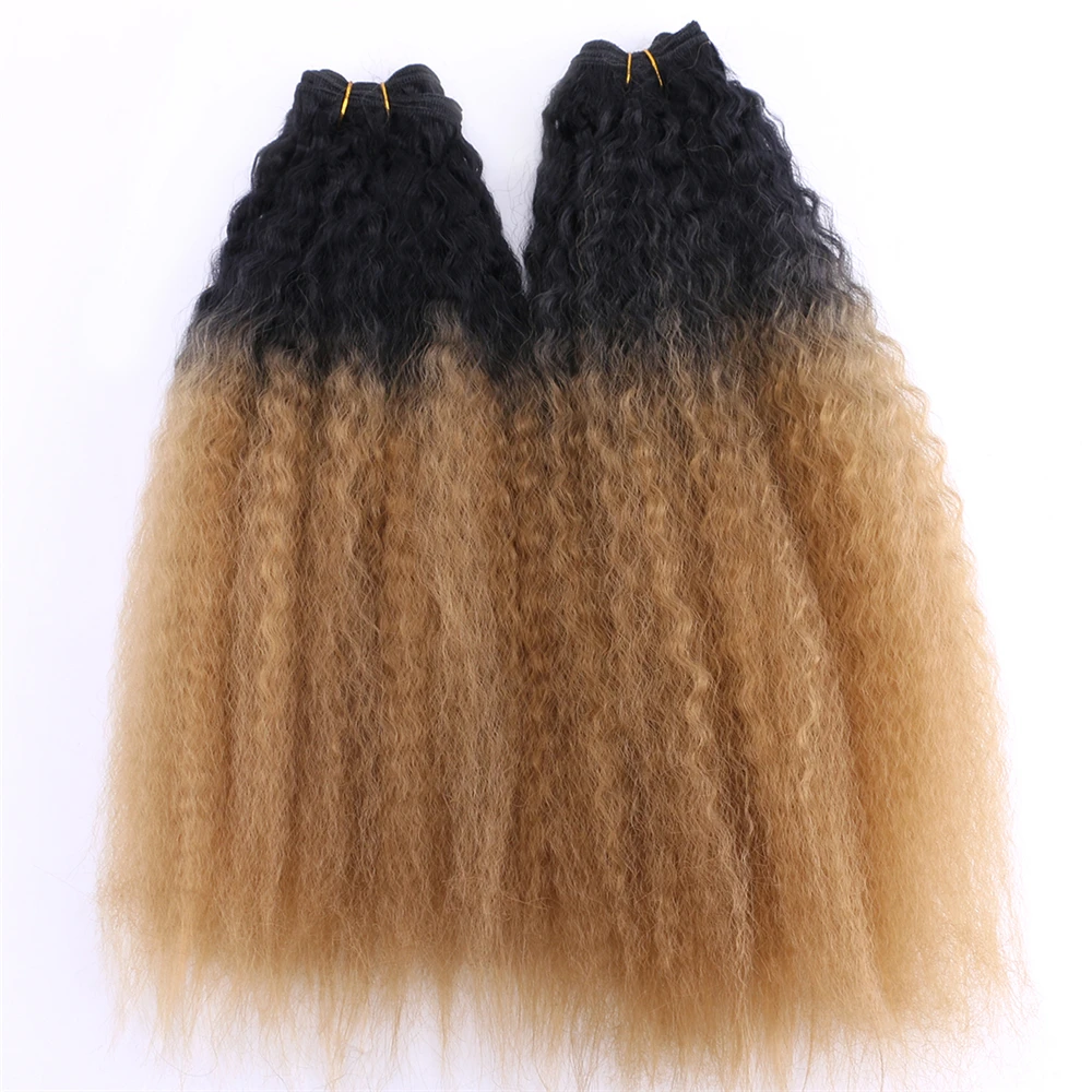 Kinky da Extensão do Cabelo Preto para Ouro Feixes de Cabelo em Linha Reta para as Mulheres Peças Lote Dois Tons Ombre Sintético Borgonha 2 –