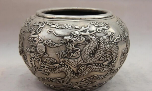 

Elegant old S1246 China White Copper Silver Lucky Dragon Play Bead kettle Tank Jar canister Pot A0403