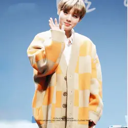 Wanna One Sweater плед BF стиль привлекательный кардиган PARK JI HOON Kpop свободный свитер мужской v-образный вырез свитера blusa masculina ropa hombre