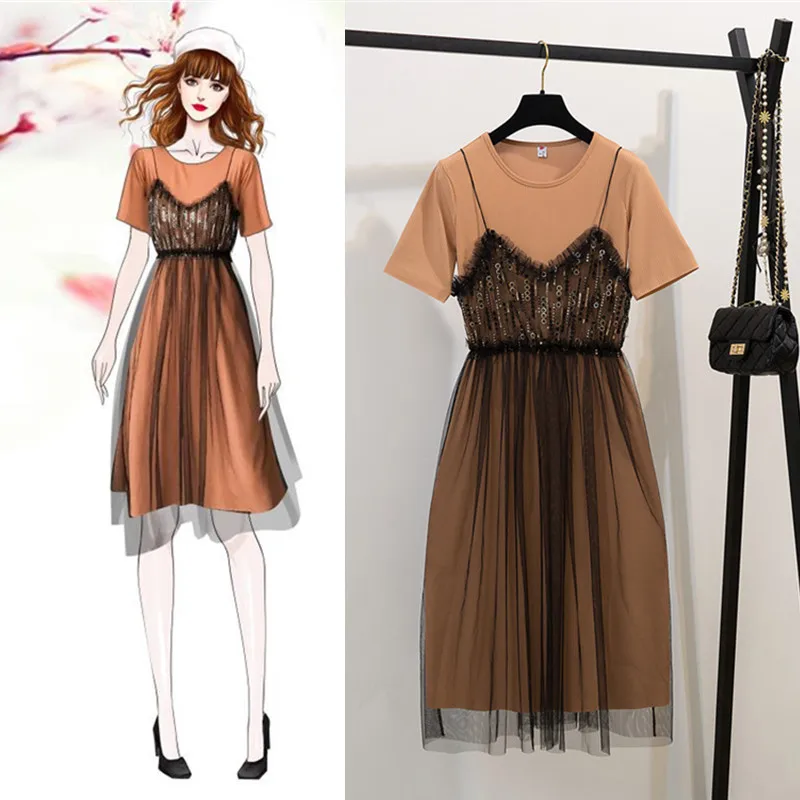 

ICHOIX 2 pieces sets women dress short sleeve long T-shirt cotton dress casual sequins mesh 2 pieces summer sets Casual outfits