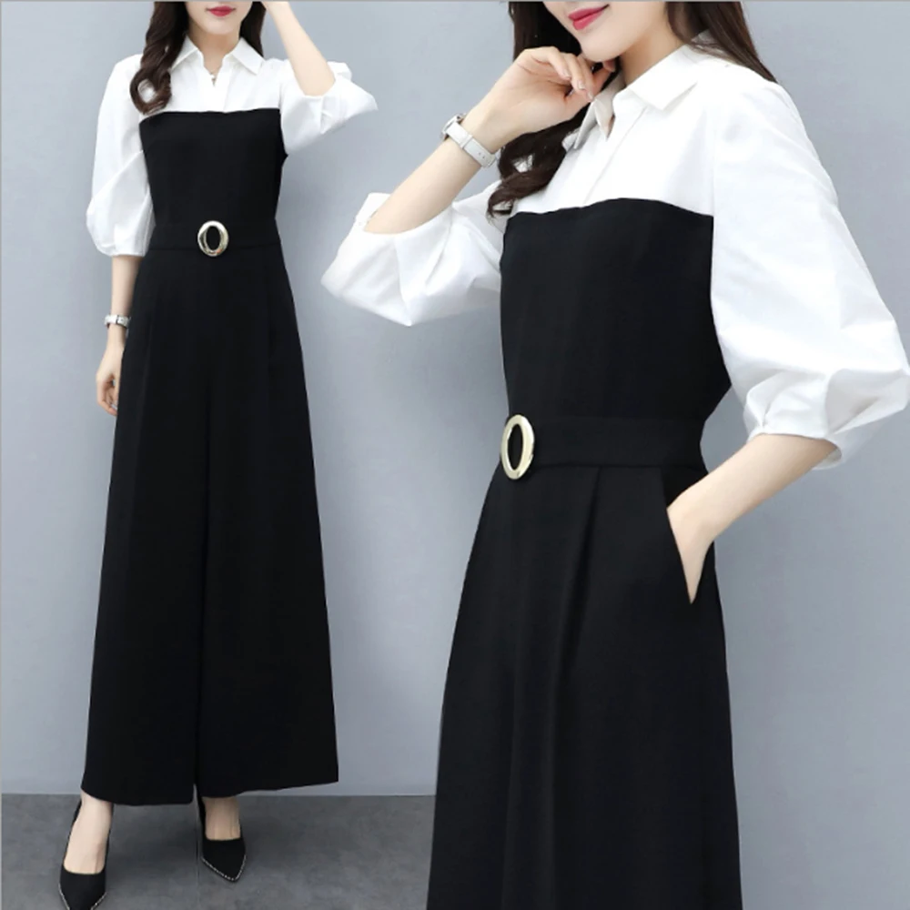 

Spring and summer new style High-waisted chiffon slim jumpsuit Black temperament wide leg jumpsuit set