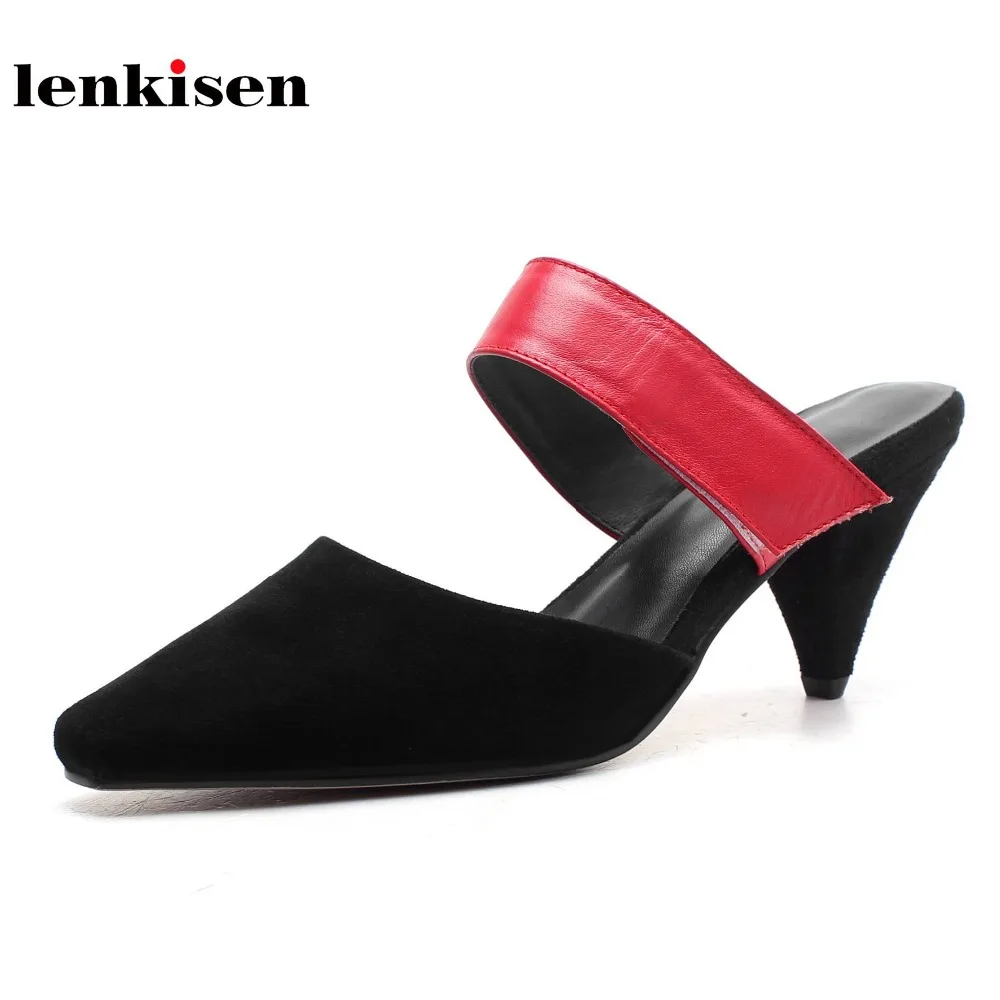 

Lenkisen pointed toe kid suede spike heel fashion causal mixed colors cool women shoes hook&loop high heels women sandals L40