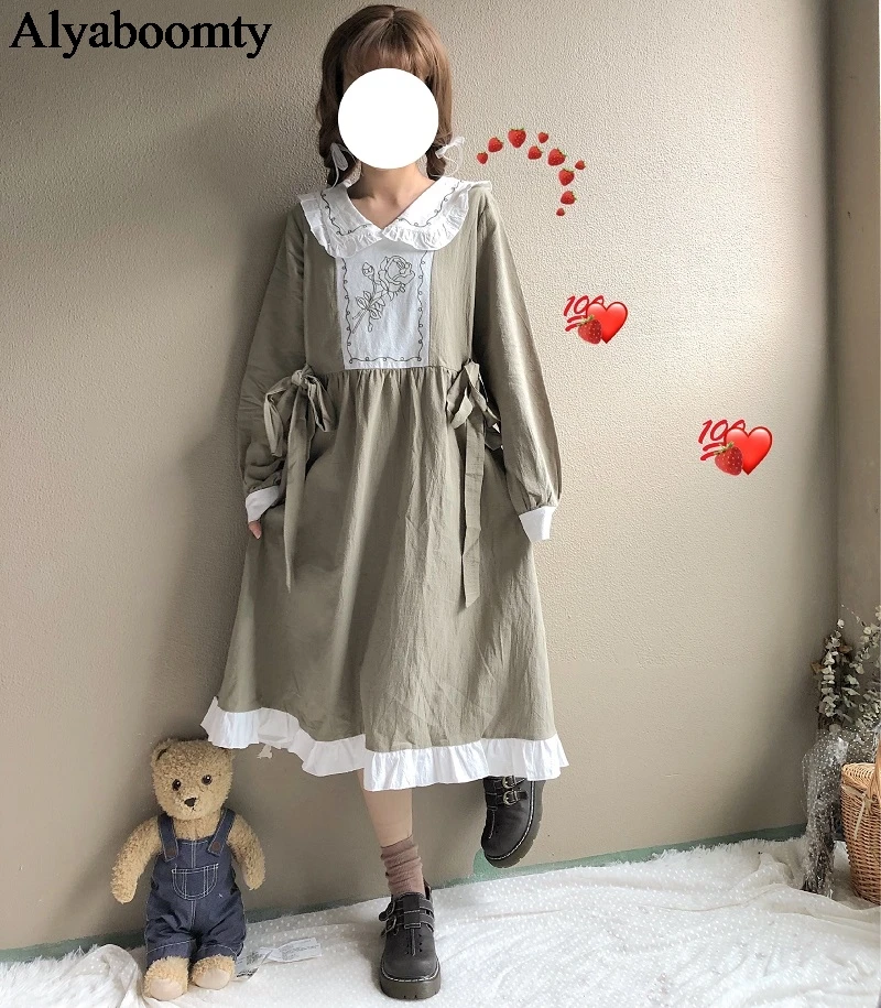 Japanese Women Cute Long Dress Embroidery Rose Floral Bandage Loose Mori Girl's Dress Elegant Ruffles Lolita Kawaii Cotton Dress