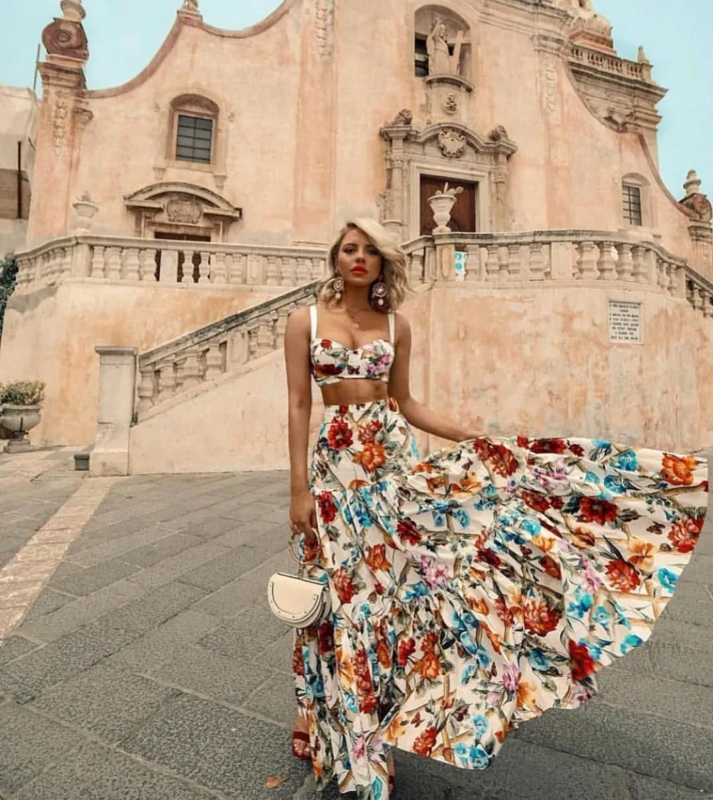 Богемное летнее платье цветной принт с цветочным рисунком пляжное платье женское два сексуальных укороченного топа комплект вечерние двух предметов праздничное платье Макси