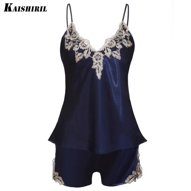

Ladies Sexy Silk Satin Pajama Set Lace Pyjama Set Sleeveless Pijama Set V-neck Sleepwear Summer Home Wear Sleep Wear For Women