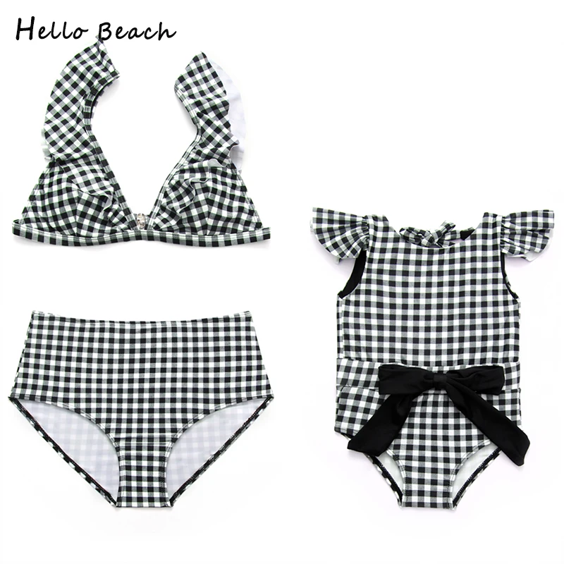 

2019 Plaid Bikini Parent-child Swimwear Mom and baby Matching Bikini High Waist Bathing suit Mother and Daughter Swimsuit Ruffle