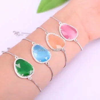 

8Pcs Mixed Color Cat Eye Stone Charm Bracelets Micro Pave CZ Link Chain Bracelet for Women Jewelry