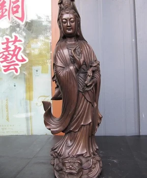 

USPS to USA S0230 Chinese Pure Bronze Statue of Kwan-Yin Guan Yin Bodhisattva on Dragon Fish