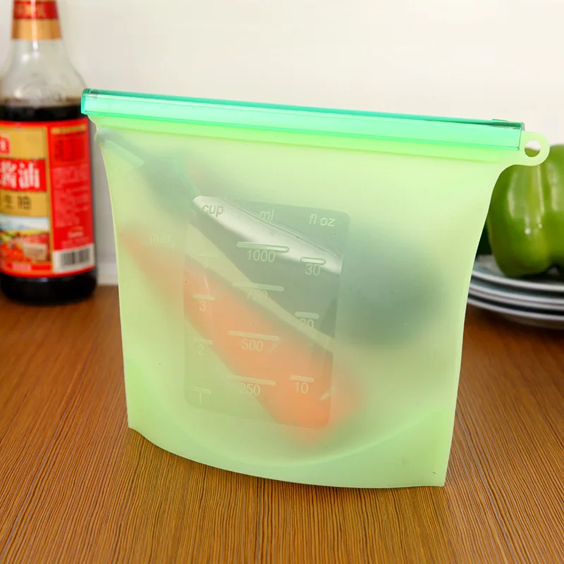 Многоразовый силиконовый мешок для еды, сумки для морозильника 1000 мл, фруктовое мясо, молочное уплотнение, холодильник, свежий пакет для хранения на молнии, сумки, кухонные аксессуары - Цвет: Green
