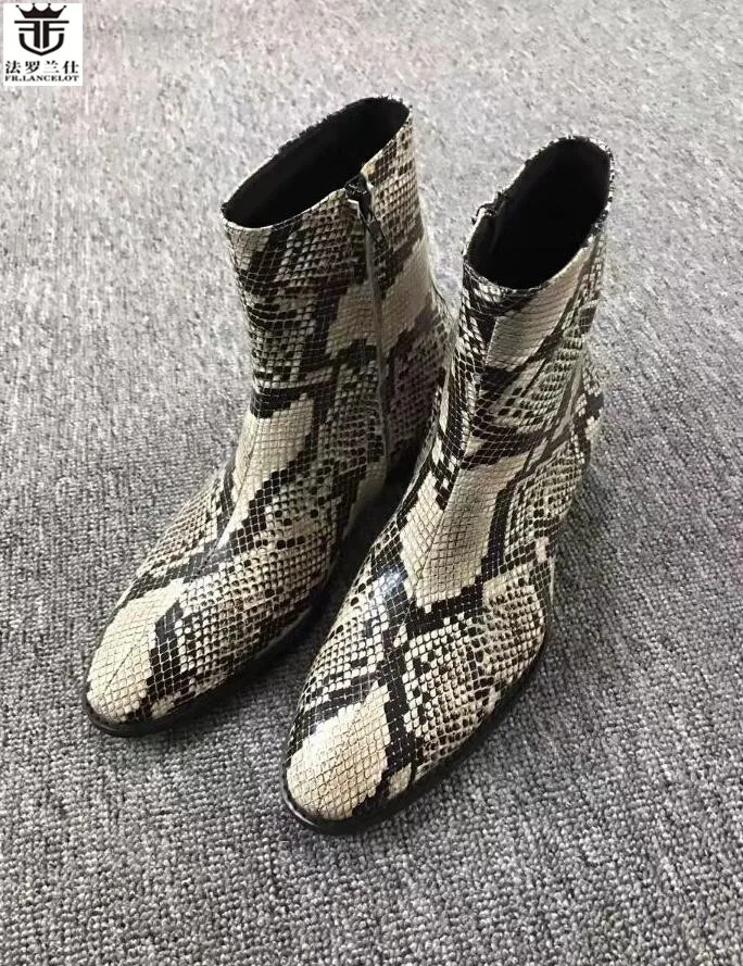 Men Chelsea Boots Snake Lines Men Designer Ankle Boots Genuine Leather Winter Boots Zip Size 47-50