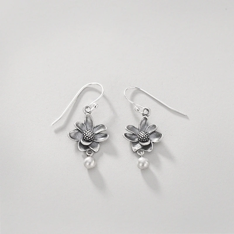 

INALIS New Elegant Fine Jewelry 925 Sterling Silver Ear Hook Retro Lotus with Round Ball Dangle Drop Earrings for Women Brincos