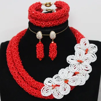 

4UJewelry Fine Wedding Jewelry Sets Red and Green / Red And White Flower African Style Women Necklace 2 Rows Nigerian Party Gift