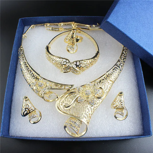 Jiayi jiaduo Ювелирные наборы Цветок ожерелье серьги браслет кольцо наборы для женщин свадебные золотые цвета африканские ювелирные наборы - Окраска металла: well package gift bo