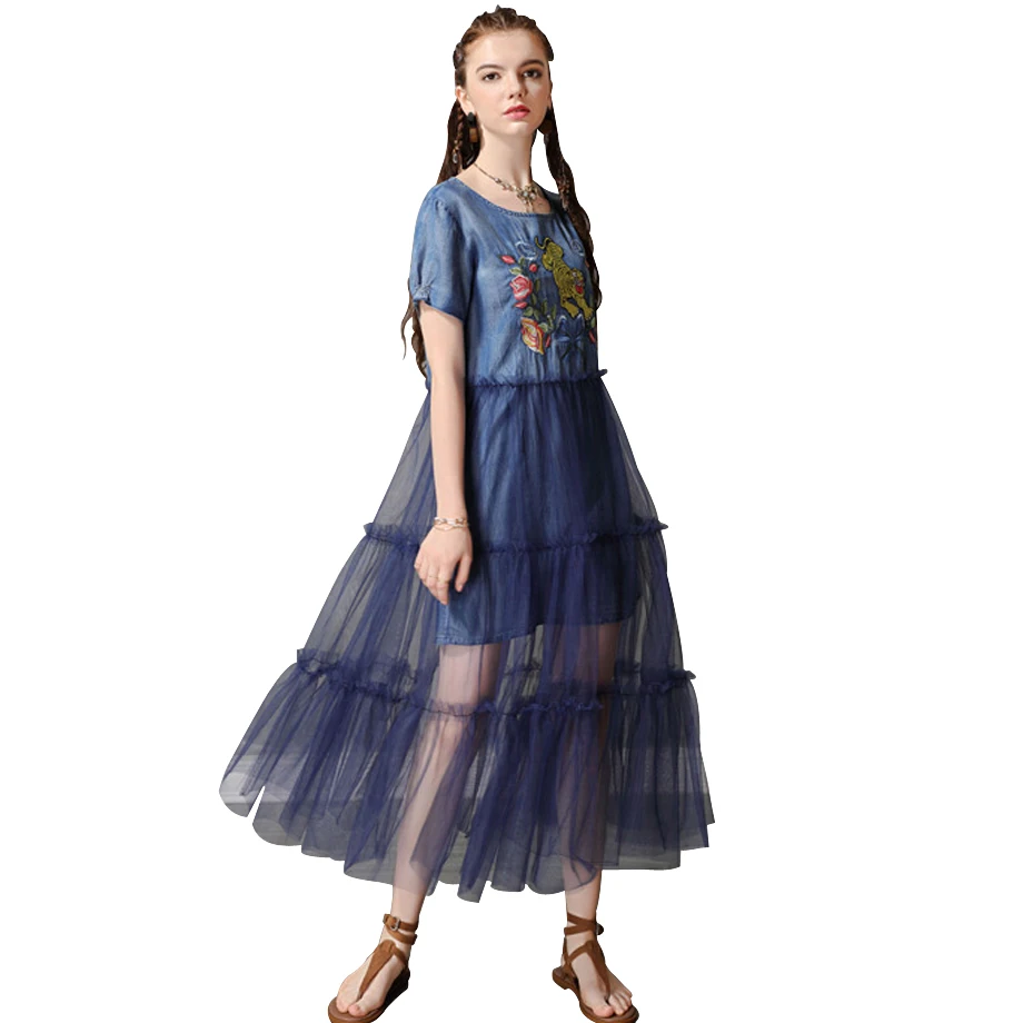 Women summer dress 2019  vintage embroidery maxi dress short sleeve denim dress mesh patchwork dresses pocket woman party night