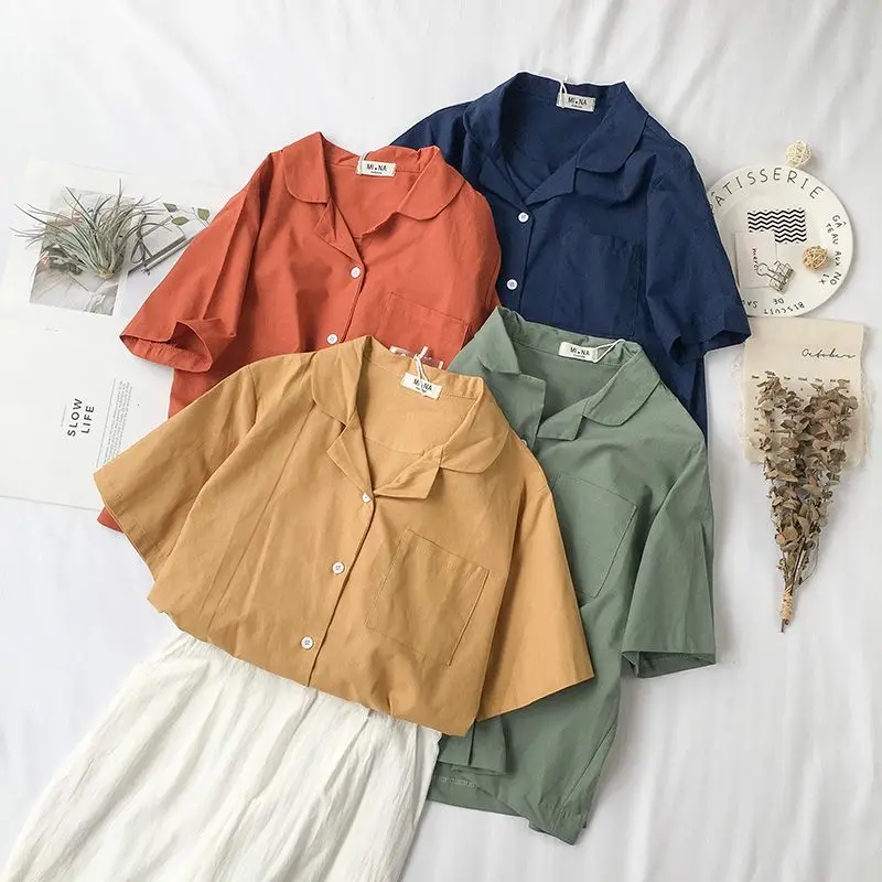 

Woman Shirts Short Sleeve Solid Color Casual Ladies Tops and Blouses Cotton Linen Womens Blouses and Tops