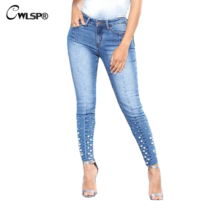 

CWLSP Pearls Beading Woman Skinny Pencil Jeans Casual Plus size Pants Denim Fashion 2018 Trousers jean femme QL3620