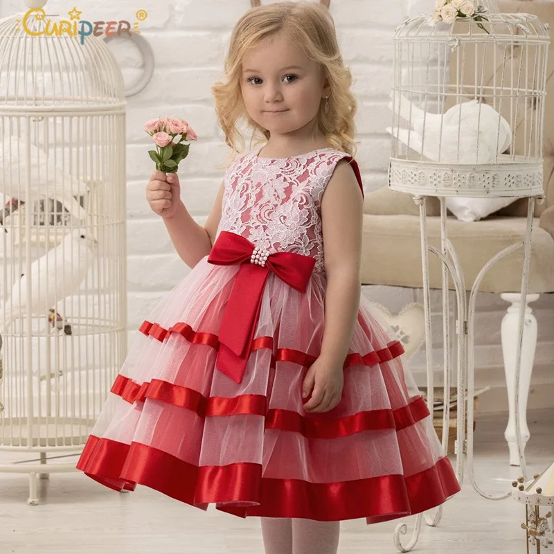 

Girls Dress Bow Multi-layer Princess Dresses Patchwork Lace Kids Wedding Ball Gown Dress Sleeveless Kids Dresses for Girls