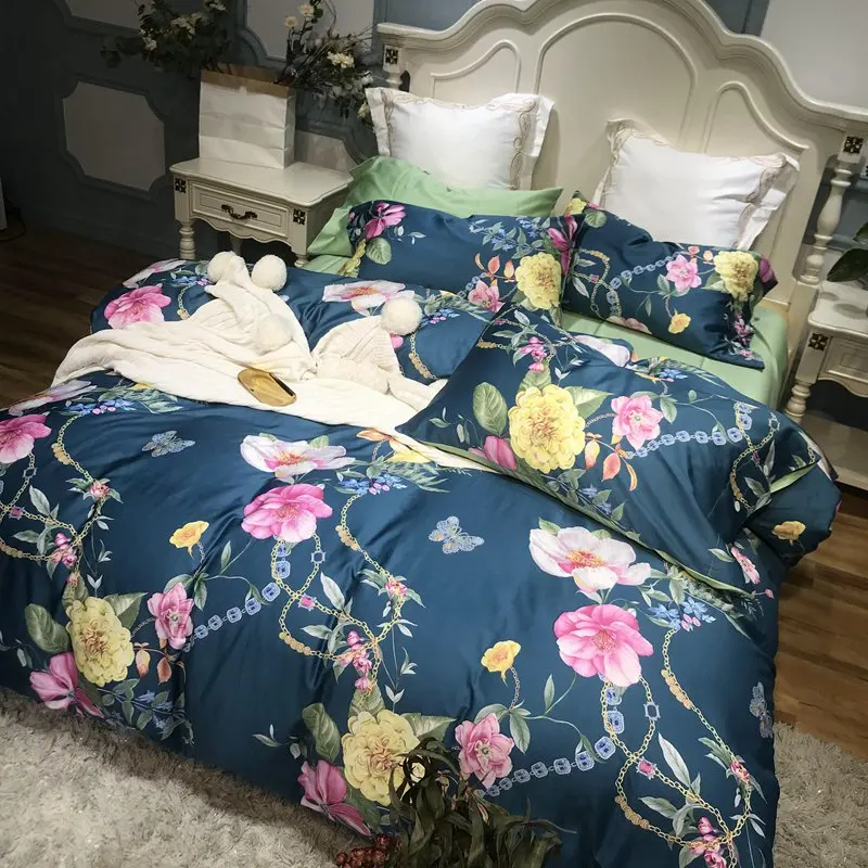 Египетский хлопок UItra мягкие постельные принадлежности из шелка Набор queen King size Цветочный принт пододеяльник простыня комплект подушки shams