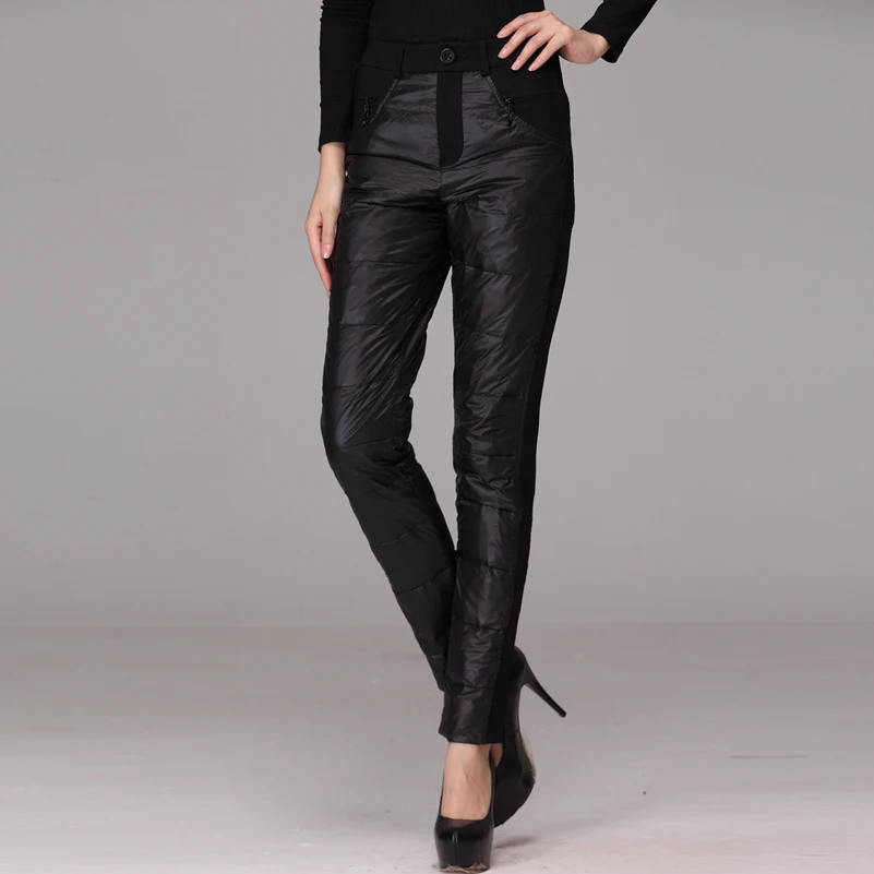 Высокое качество модные дизайнерские черные пуховые штаны женские повседневные зимние теплые длинные штаны с утиным пухом