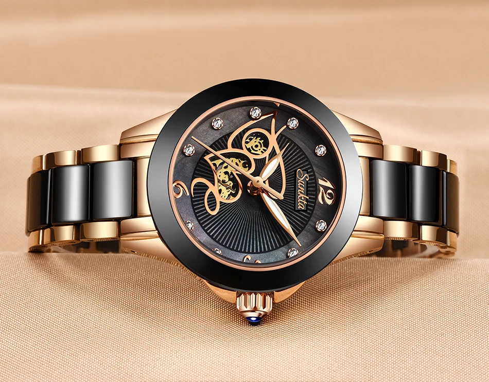 SUNKTA, высокое качество, женские часы со стразами, Роскошные, розовое золото, черные, керамические, водонепроницаемые часы, женские классические часы, женские часы