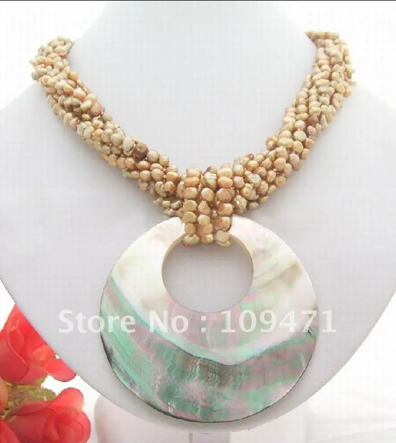 

9Strds Champagne Pearl&Shell Pendant Necklace