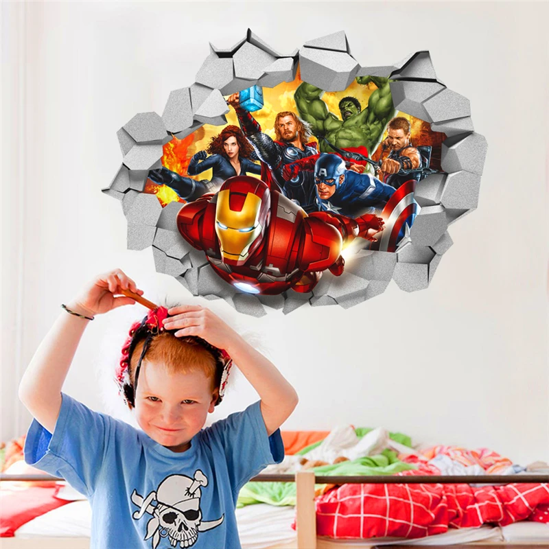 

3d Marvel's Avengers Movie through wall stickers for kids room wall decals cartoon super hero wall art decor diy 45*60cm posters