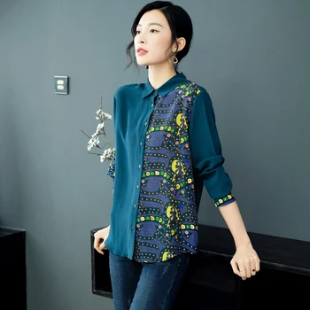 

100% Silk Blouse Women Shirt Asymmetrical Printed Turn-down Collar Long Sleeve Office Top Graceful Style New Fashion Spring 2019