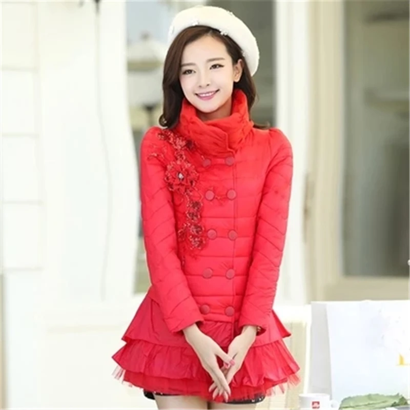 

Women Coat Winter Women;'s Cotton Coat jackets Stand Collar lace Woman pakas Double Breasted Female cotton Long Coats N191