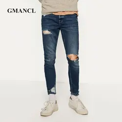 2017 новые мужские высококачественные узкие джинсы с разрезами на коленях мужские модные повседневные рваные байкерские джинсы для мужчин