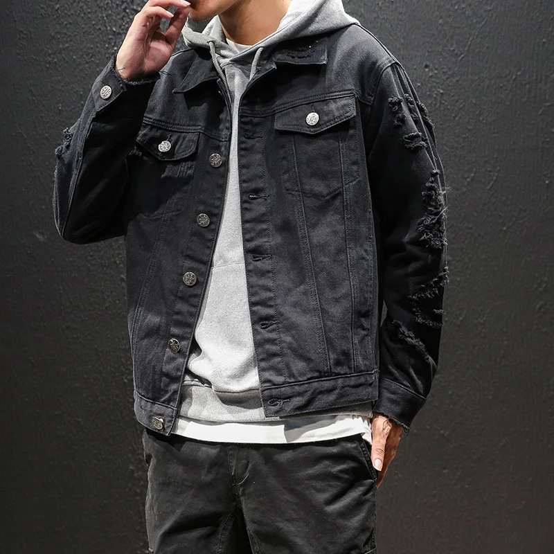 Men's Denim Jacket Retro washing frayed Classic Lapel Ripped Distressed Denim Coat Male Men's Denim Jacket Retro washing frayed Classic Lapel Ripped Distressed Denim Coat Male