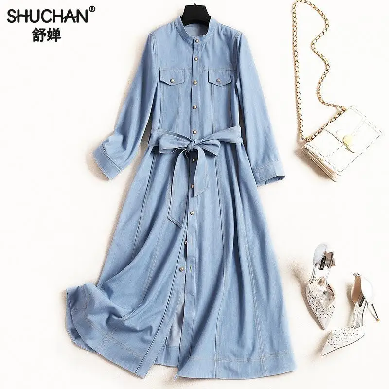 

Shuchan 2019 New Denim Shirt Dress Casual Stand Neck Simple Dresses For Woman Spring 3/4 Sleeve Blue Jeans Clothing 50419