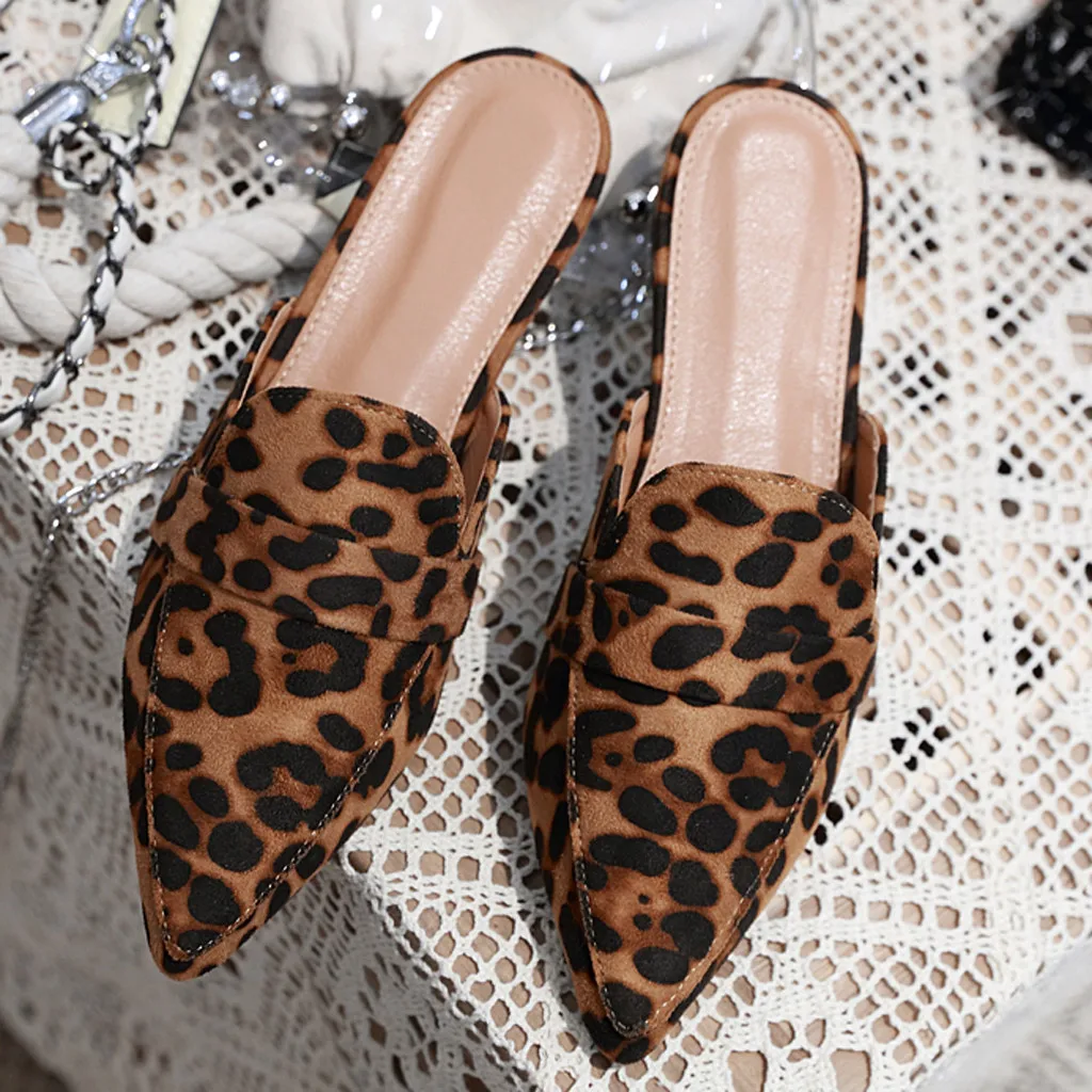 

2019 New Spring Casual Flock Pointed Toe Slippers Flat Shoes Sandals And Slippers Fashion Women's Slip-on Low Open Shoes A40