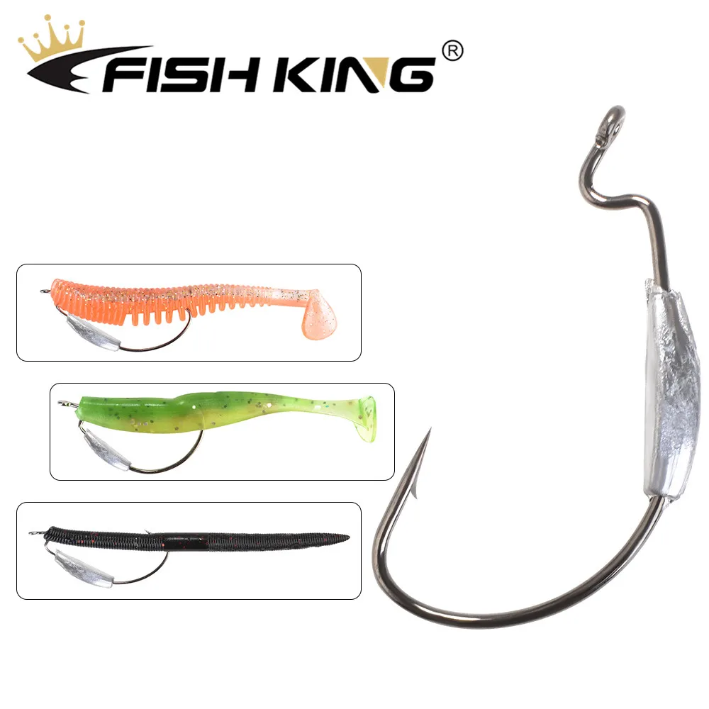 FISH KING 5pcs/pack Fishing Soft Worm Jig Lead Lure Hooks High Carbon Steel Wide Super Lock Fishhooks Lure Softjerk Hooks 2#-4/0